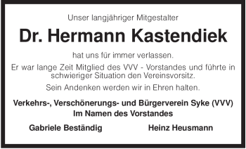 Traueranzeige von Hermann Kastendiek von KREISZEITUNG SYKE