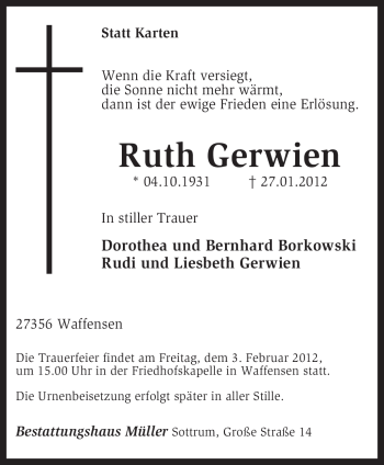 Traueranzeige von Ruth Gerwien von KREISZEITUNG SYKE