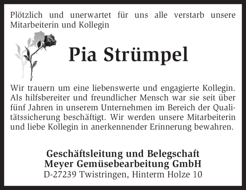  Traueranzeige für Pia Strümpel vom 18.02.2012 aus KREISZEITUNG SYKE