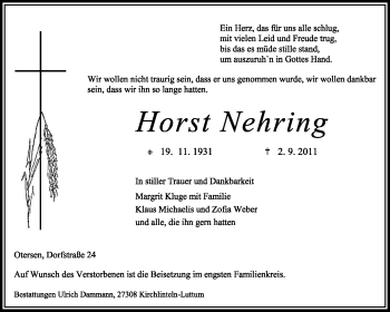 Traueranzeige von Horst Nehring von KREISZEITUNG SYKE