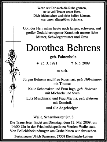 Traueranzeige von Dorothea Behrens von KREISZEITUNG SYKE