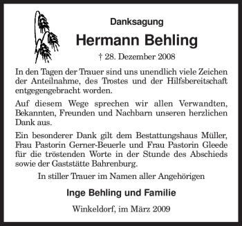 Traueranzeige von Hermann Behling von KREISZEITUNG SYKE