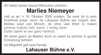 Traueranzeige von Marlies Niemeyer von KREISZEITUNG SYKE