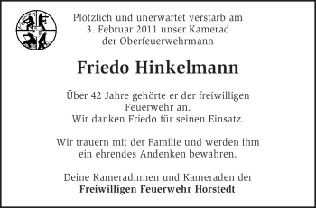 Traueranzeige von Friedo Hinkelmann von KREISZEITUNG SYKE