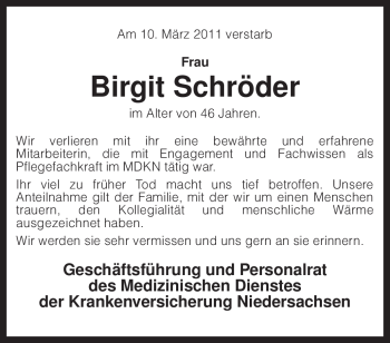 Traueranzeige von Birgit Schröder von KREISZEITUNG SYKE