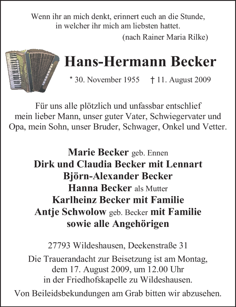  Traueranzeige für Hans-Hermann Becker vom 14.08.2009 aus 