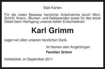 Traueranzeige von Karl Grimm von KREISZEITUNG SYKE