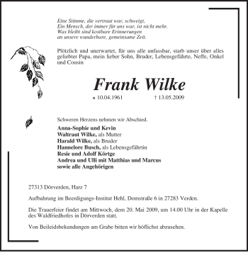 Traueranzeige von Frank Wilke von KREISZEITUNG SYKE
