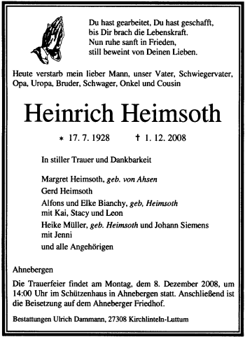 Traueranzeige von Heinrich Heimsoth von KREISZEITUNG SYKE