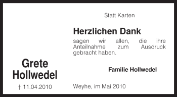 Traueranzeige von Grete Hollwedel von KREISZEITUNG SYKE