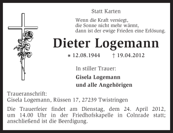 Traueranzeige von Dieter Logemann von KREISZEITUNG SYKE