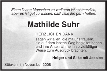 Traueranzeige von Mathilde Suhr von KREISZEITUNG SYKE