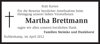 Traueranzeige von Martha Brettmann von KREISZEITUNG SYKE