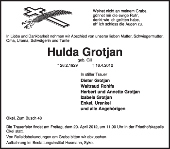 Traueranzeige von Hulda Grotjan von KREISZEITUNG SYKE