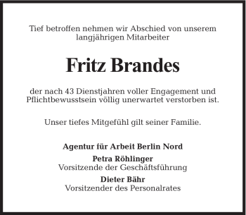 Traueranzeige von Fritz Brandes von KREISZEITUNG SYKE