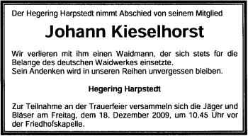 Traueranzeige von Johann Kieselhorst von KREISZEITUNG SYKE