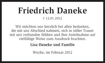 Traueranzeige von Friedrich Daneke von KREISZEITUNG SYKE