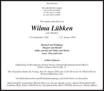 Traueranzeige von Wilma Lübken von KREISZEITUNG SYKE