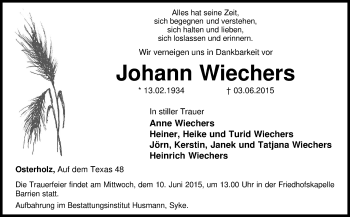 Traueranzeige von Johann Wiechers von KRZ