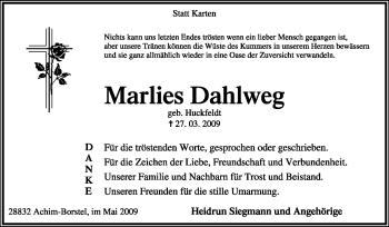 Traueranzeige von Marlies Dahlweg von KREISZEITUNG SYKE