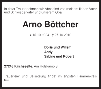 Traueranzeige von Arno Böttcher von KREISZEITUNG SYKE