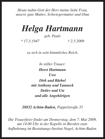 Traueranzeige von Helga Hartmann von KREISZEITUNG SYKE