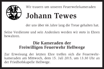 Traueranzeige von Johann Tewes von KRZ