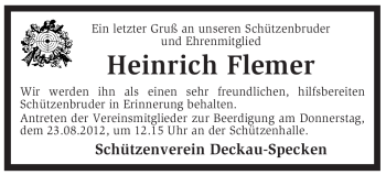 Traueranzeige von Heinrich Flemer von KREISZEITUNG SYKE