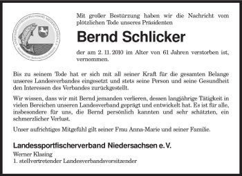 Traueranzeige von Bernd Schlicker von KREISZEITUNG SYKE