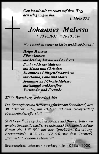 Traueranzeige von Johannes Malessa von KREISZEITUNG SYKE