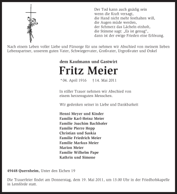 Traueranzeige von Fritz Meier von KREISZEITUNG SYKE