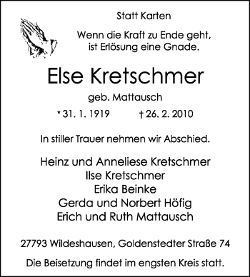 Traueranzeige von Else Kretschmer von KREISZEITUNG SYKE