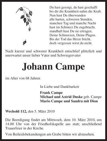 Traueranzeige von Johann Campe von KREISZEITUNG SYKE