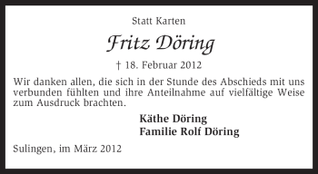 Traueranzeige von Fritz Döring von KREISZEITUNG SYKE