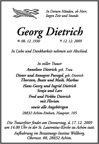 Traueranzeige von Georg Dietrich von KREISZEITUNG SYKE