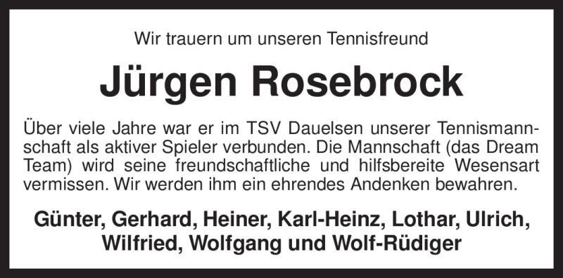  Traueranzeige für Jürgen Rosebrock vom 17.06.2011 aus KREISZEITUNG SYKE