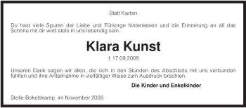 Traueranzeige von Klara Kunst von KREISZEITUNG SYKE