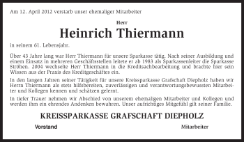 Traueranzeige von Heinrich Thiermann von KREISZEITUNG SYKE