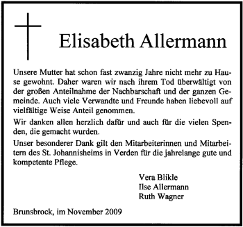 Traueranzeige von Elisabeth Allermann von KREISZEITUNG SYKE