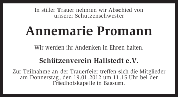 Traueranzeige von Annemarie Promann von KREISZEITUNG SYKE