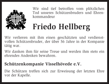 Traueranzeige von Friedo Hellberg von KREISZEITUNG SYKE