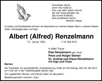 Traueranzeige von Albert Renzelmann von KRZ