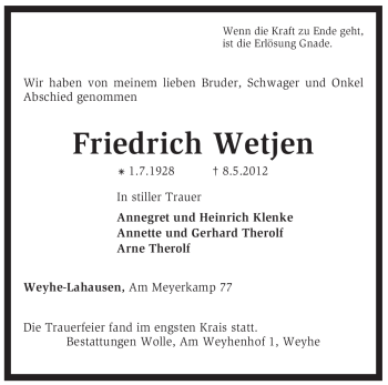 Traueranzeige von Friedrich Wetjen von KREISZEITUNG SYKE