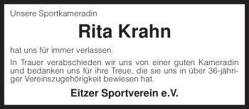 Traueranzeige von Rita Krahn von KREISZEITUNG SYKE