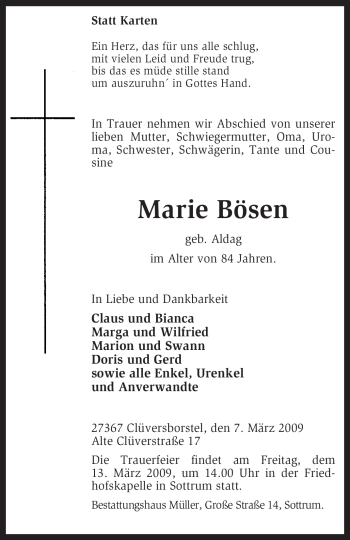 Traueranzeige von Marie Bösen von KREISZEITUNG SYKE