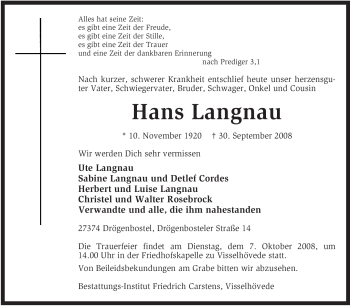 Traueranzeige von Hans Langnau von KREISZEITUNG SYKE