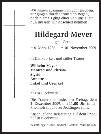 Traueranzeige von Hildegard Meyer von KREISZEITUNG SYKE