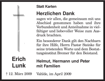 Traueranzeige von Erich Lunk von KREISZEITUNG SYKE