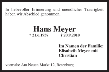 Traueranzeige von Hans Meyer von KREISZEITUNG SYKE