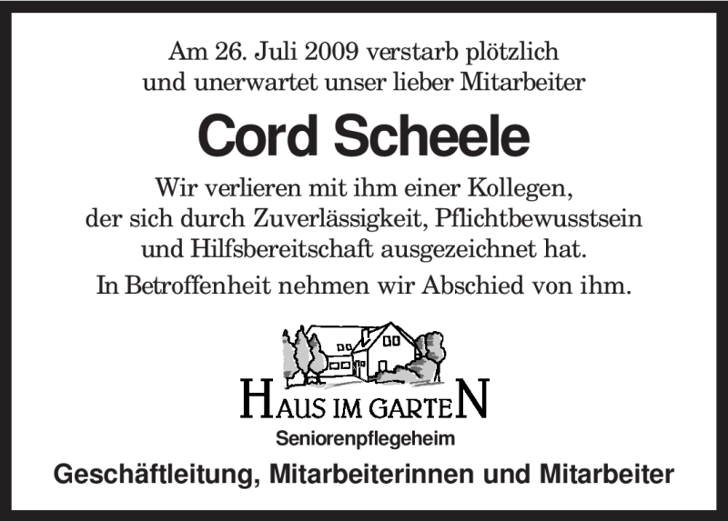  Traueranzeige für Cord Scheele vom 29.07.2009 aus KREISZEITUNG SYKE